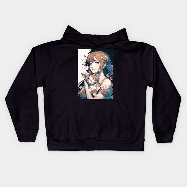 Cute Anime Girl With A Chubby Cat Kids Hoodie by GothicDesigns